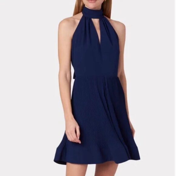 ✨ SALE EUC Milly Libby Halter Pleated Open Back Mini Dress Sz4 Navy - Picture 1 of 9